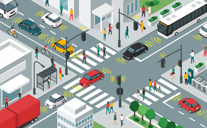 Smart mobility - graphic van kruispunt met connected verkeer